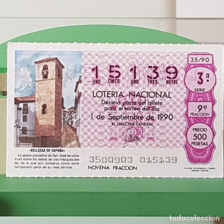 Loter&iacute;a Nacional: LOTER&Iacute;A NACIONAL, SORTEO 35/90, 1 SEPTIEMBRE 1990, IGLESIA SAN JOS&Eacute;, GRANADA, N&ordm; 15139