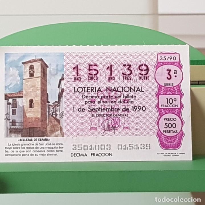 Loter&iacute;a Nacional: LOTER&Iacute;A NACIONAL, SORTEO 35/90, 1 SEPTIEMBRE 1990, IGLESIA SAN JOS&Eacute;, GRANADA, N&ordm; 15139