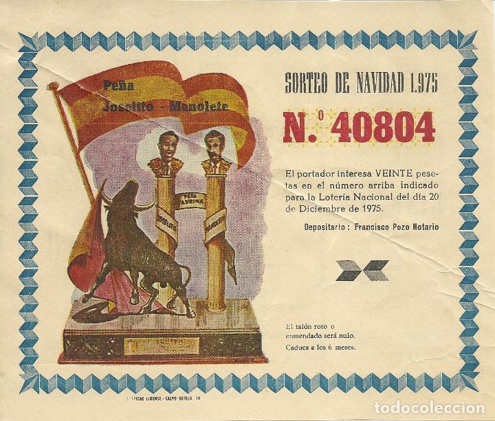 Loter&iacute;a Nacional: PRECIOSA PARTICIPACI&Oacute;N DE LOTER&Iacute;A DE LA PE&Ntilde;A JOSELITO Y MANOLETE DE 1975. MEDIDAS 16,1 X 13,7.