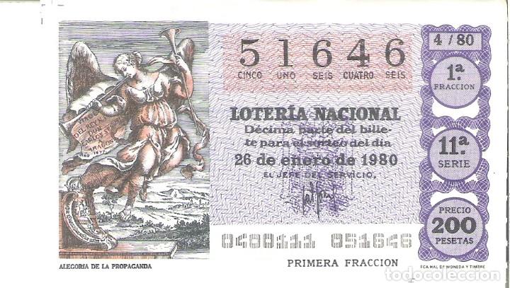 National Spanish Lottery: 1 DECIMO LOTERIA SABADO - 26 ENERO 1980 - 4/80 - ALEGORIA DE LA PROPAGANDA ( COLOR MORADO