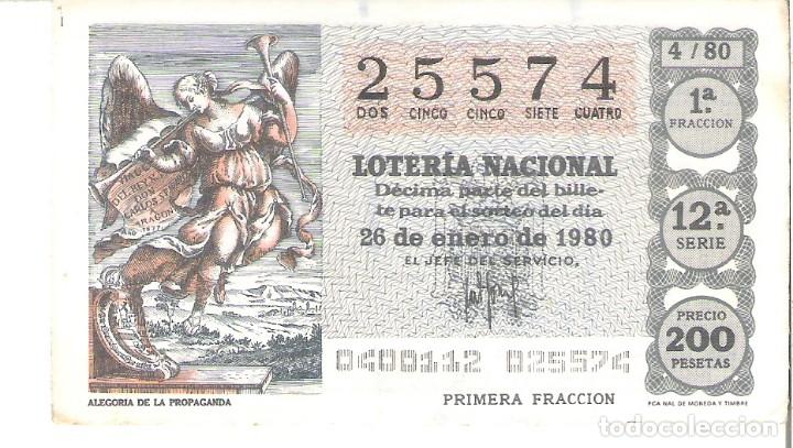 National Spanish Lottery: 1 DECIMO LOTERIA SABADO - 26 ENERO 1980 - 4/80 - ALEGORIA DE LA PROPAGANDA ( COLOR GRIS
