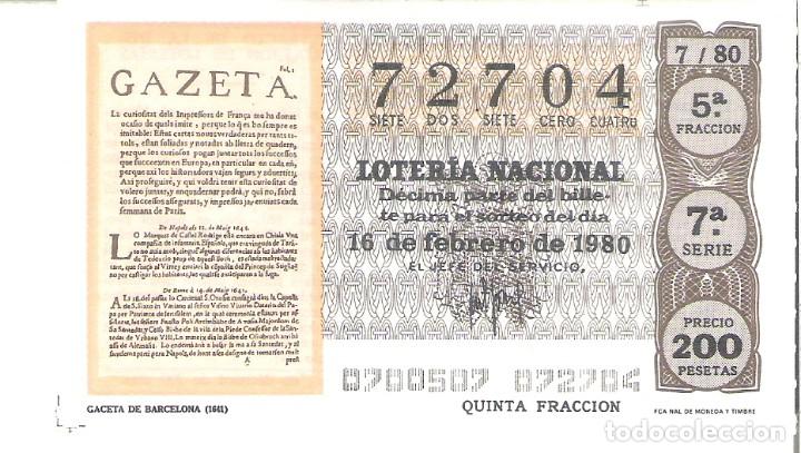 National Spanish Lottery: 1 DECIMO LOTERIA DEL SABADO - 16 FEBRERO 1980 - 7/80 - LA GACETA DE BARCELONA ( COLOR MARRON