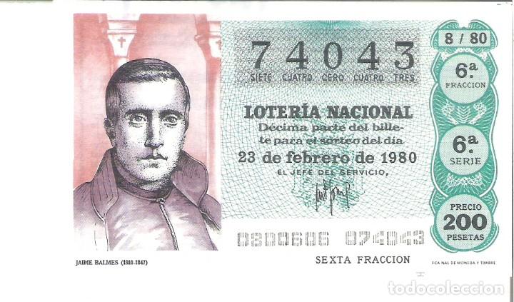 National Spanish Lottery: 1 DECIMO LOTERIA SABADO - 23 FEBRERO 1980 - 8/80 - JAIME BALMES ( COLOR VERDE