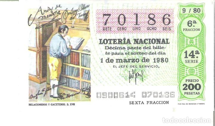 National Spanish Lottery: 1 DECIMO LOTERIA DEL SABADO - 1 MARZO 1980 - 9/80 - RELACIONEROS Y GACETEROS ( COLOR VERDE CLARO
