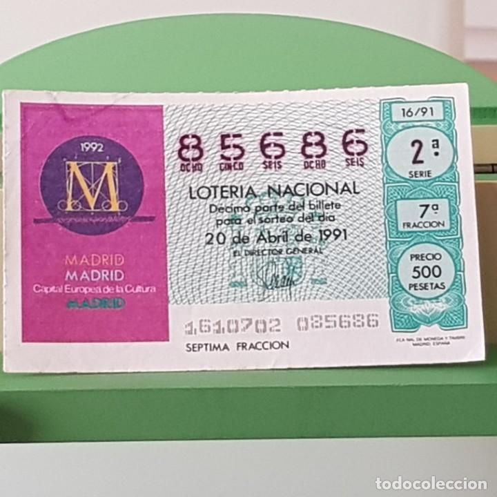Nationale spanische Lotterie: LOTER&Iacute;A NACIONAL, SORTEO 16/91, 20 ABRIL 1991, MADRID CAPITAL EUROPEA CULTURA, N&ordm; 85686, ARRUGA LEVE