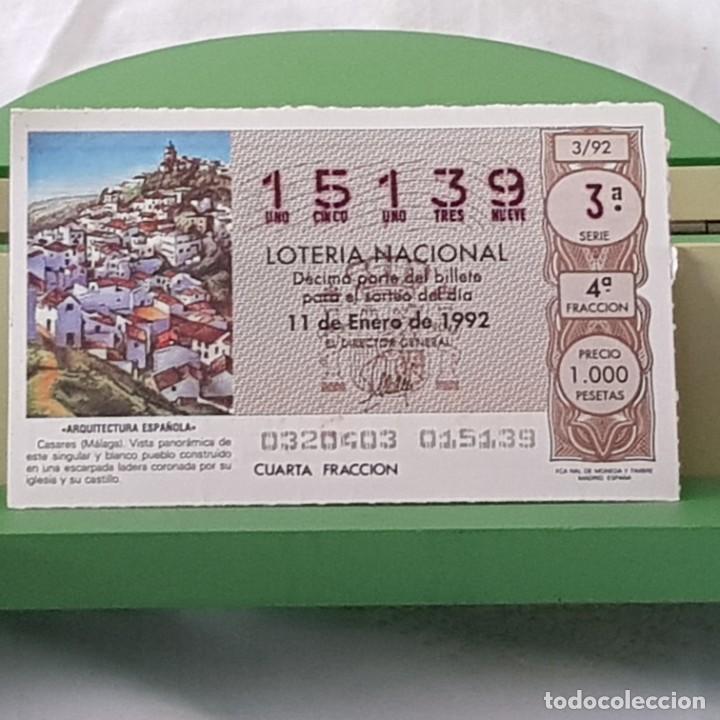 National Spanish Lottery: LOTER&Iacute;A NACIONAL, SORTEO 3/92, 11 ENERO 1992, CASARES, M&Aacute;LAGA, N&ordm; 15139