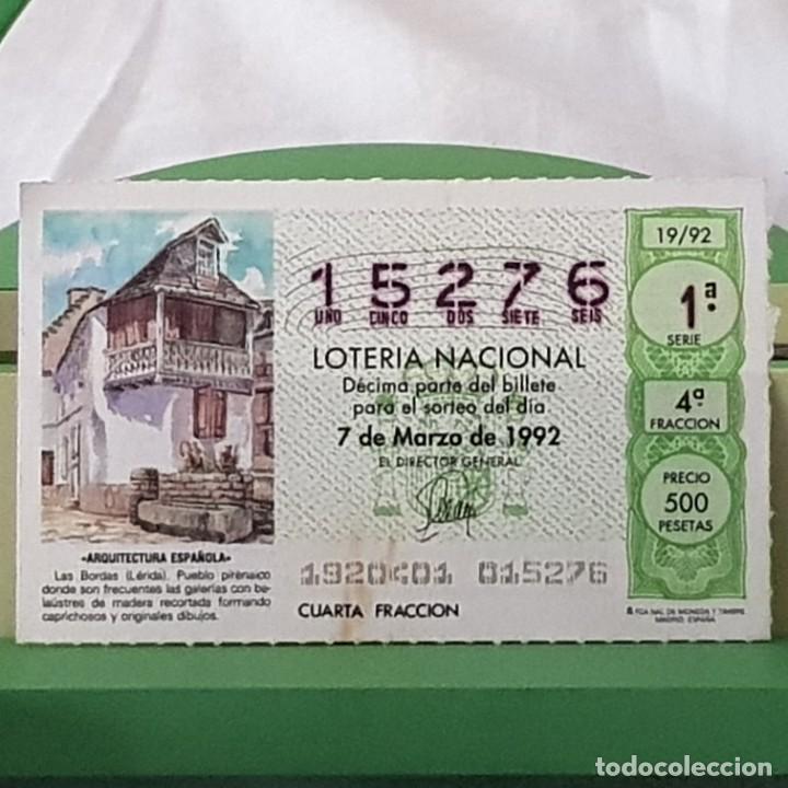 Loterie Nationale: LOTER&Iacute;A NACIONAL, SORTEO 19/92, 7 MARZO 1992, LAS BORDAS, L&Eacute;RIDA, N&ordm; 15276, MANCHITA FILO INFERIOR