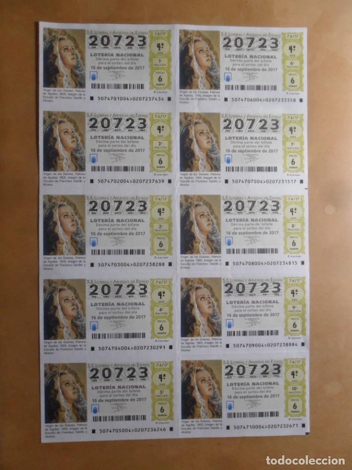 Loter&iacute;a Nacional: BILLETE COMPLETO - N&ordm; 20723 - 16 SEPTIEMBRE 2017 - 74/17 - VIRGEN DE LOS DOLORES, AGUILAS