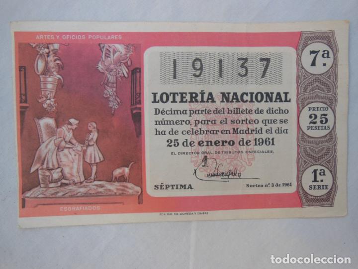 Loter&iacute;a nacional: Antigua Papeleta Loter&iacute;a Nacional : D&Eacute;CIMO DEL N&Uacute;MERO 19137. 25 Enero 1961