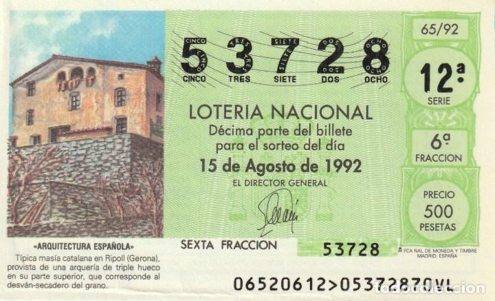 SORTEO Nª 65 1992 SABAD0 15 DE AGOSTO Nº 53728 500 PESETAS. RIPOLL (GERONA) (Coleccionismo - Lotería Nacional)