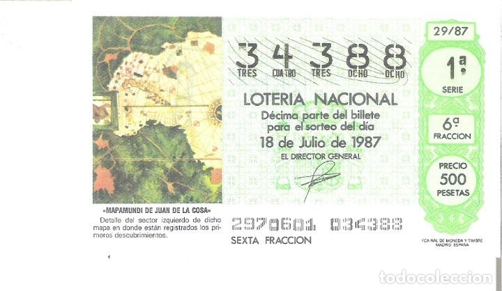 Loterie Nationale: 1 DECIMO LOTERIA DEL SABADO - 18 JULIO 1987 - 29/87 - MAPAMUNDI DE JUAN DE LA COSA