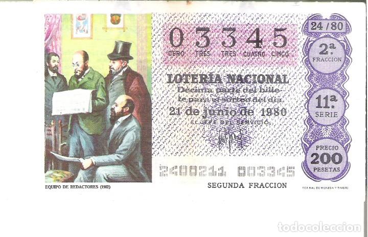 Lotaria Nacional: 1 DECIMO LOTERIA SABADO -21 JUNIO 1980 - 24/80 - EQUIPO DE REDACTORES 1902 ( COLOR MORADO