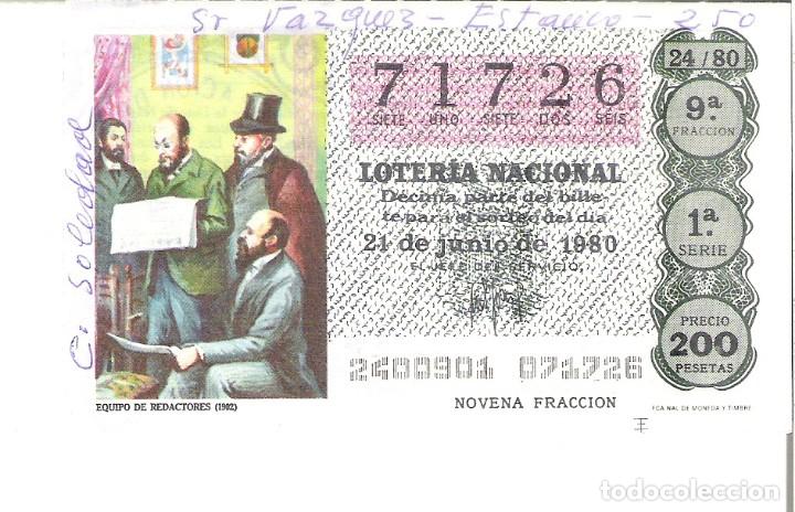 Lotaria Nacional: 1 DECIMO LOTERIA SABADO -21 JUNIO 1980 - 24/80 - EQUIPO DE REDACTORES 1902 ( COLOR VERDE MILITAR