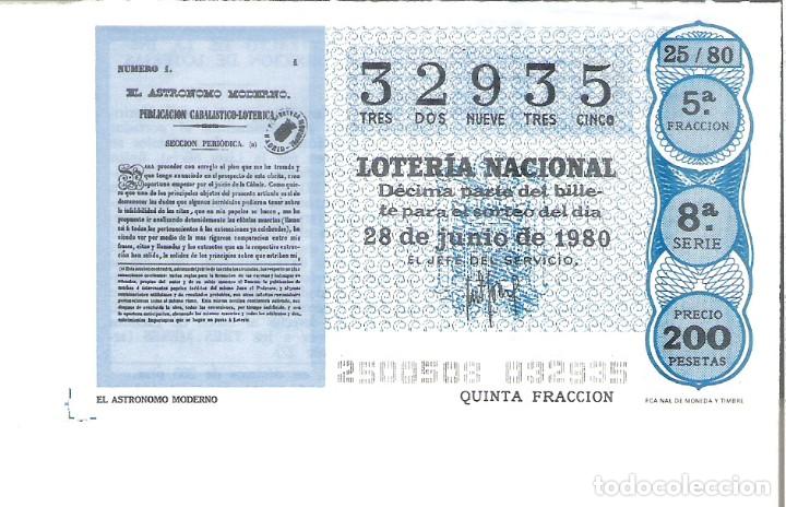 Lotaria Nacional: 1 DECIMO LOTERIA SABADO 28 JUNIO 1980 25/80 PERIODICOS O REVISTAS EL ASTRONOMO MODERNO (COLOR AZUL