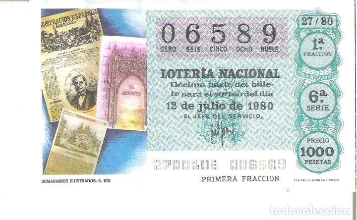 Lotaria Nacional: 1 DECIMO LOTERIA SABADO 12 JULIO 1980 - 27/80 - PERIODICOS SEMANARIOS ILUSTRADOS ( COLOR VERDE AGUA