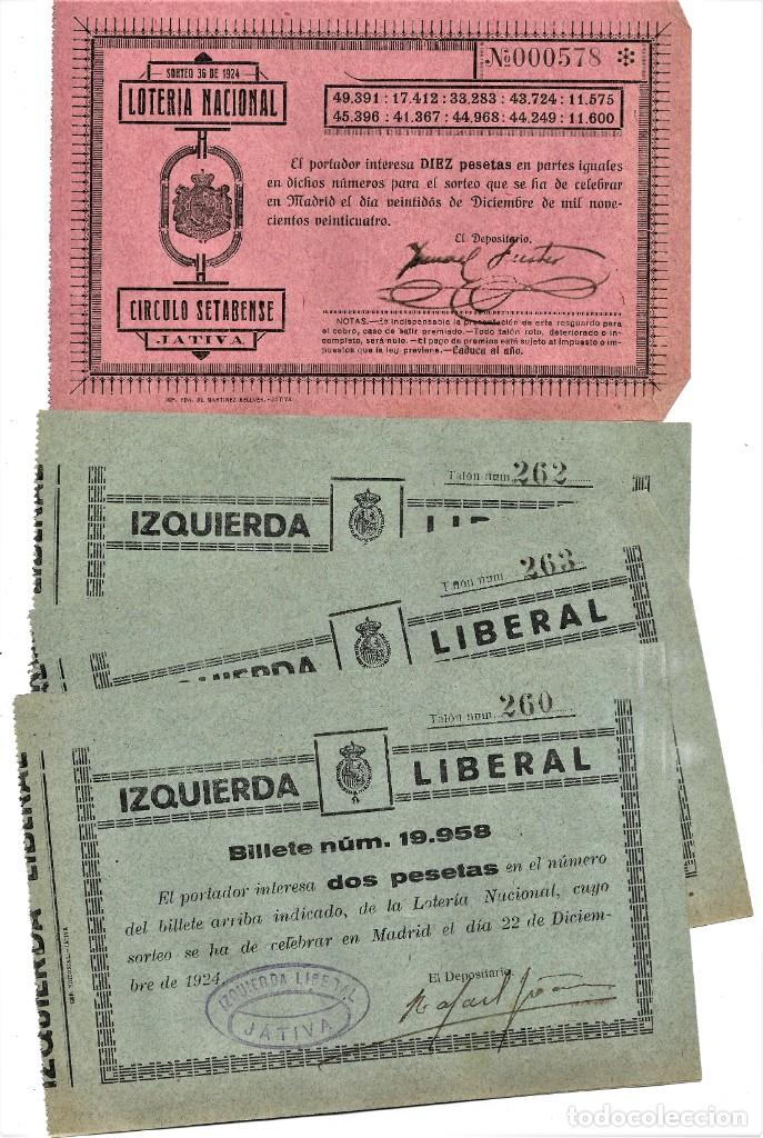 JÁTIVA (VALENCIA) 5 PARTICIPACIONES LOTERÍA NAVIDAD 1924 - IZQUIERDA LIBERAL Y CÍRCULO SETABENSE (Coleccionismo - Lotería Nacional)