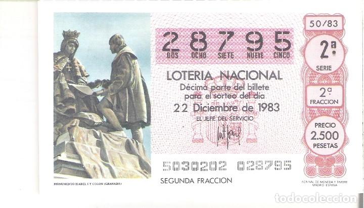 National Spanish Lottery: 1 DECIMO LOTERIA SABADO 22 DICIEMBRE 1983 - 50/83 - NAVIDAD -MONUMENTO DE ISABEL I Y COLON ( GRANADA