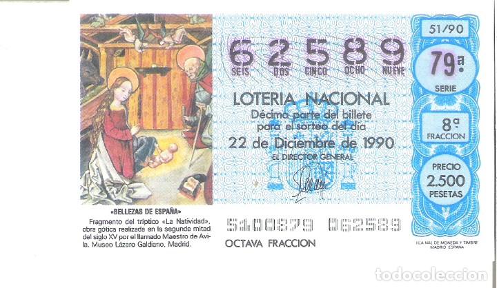 Lotaria Nacional: 1 DECIMO LOTERIA SABADO 22 DICIEMBRE 1990 - 51/90 NAVIDAD - TRIPTICO MUSEO LAZARO GALDIANO ( MADRID