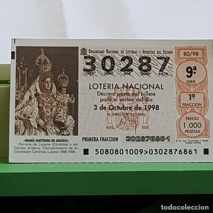 Lotteria Nationale Spagnola: LOTERIA, SORTEO 80/98, 26 SEPTIEMBRE 1998, MAR&Iacute;A SANT&Iacute;SIMA DE ARACELI, LUCENA C&Oacute;RDOBA, N&ordm; 30287
