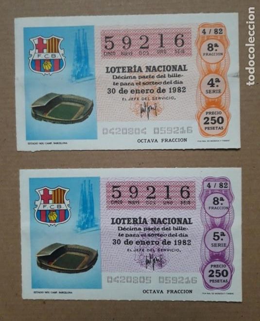 Loter&iacute;a Nacional: LOTE 2 DECIMOS LOTERIA NACIONAL NOU CAMP. FC BARCELONA. BAR&Ccedil;A. 1982. SEDES MUNDIAL FUTBOL. ESPA&Ntilde;A 82