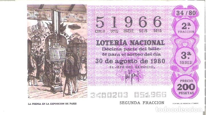 National Spanish Lottery: 1 DECIMO LOTERIA SABADO 30 AGOSTO 1980 34/80 PERIODICOS PRENSA EN LA EXPOSICION PARIS ( COLOR FUCSIA