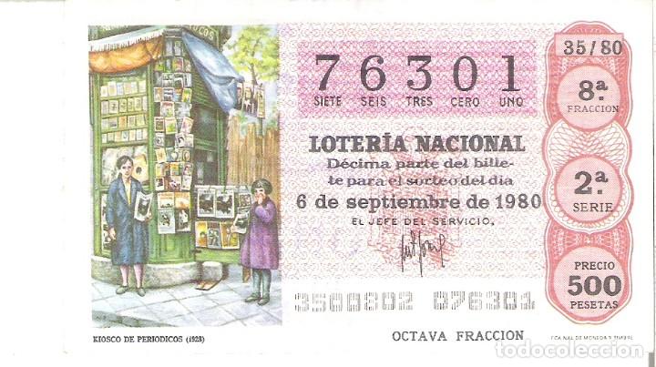 National Spanish Lottery: 1 DECIMO LOTERIA SABADO 6 SEPTIEMBRE 1980 - 35/80 KIOSCO DE PERIODICOS 1928 ( COLOR MARRON