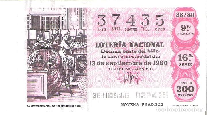 National Spanish Lottery: 1 DECIMO LOTERIA SABADO 13 SEPTIEMBRE 1980 36/80 PERIODICOS ADMINISTRACION PERIODICO ( COLOR ROJO
