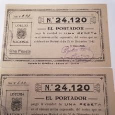 Lotería Nacional: CORDOBA. 2 PARTICIPACIONES LOTERIA NAVIDAD 1942. JUVENTUD DE ACCIÓN CATÓLICA.