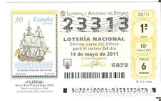 Loter&iacute;a nacional: D&eacute;cimo Loter&iacute;a Nacional, sorteo 38 de 2011. Filatelia. Nav&iacute;o Real Phelipe- 9-1138