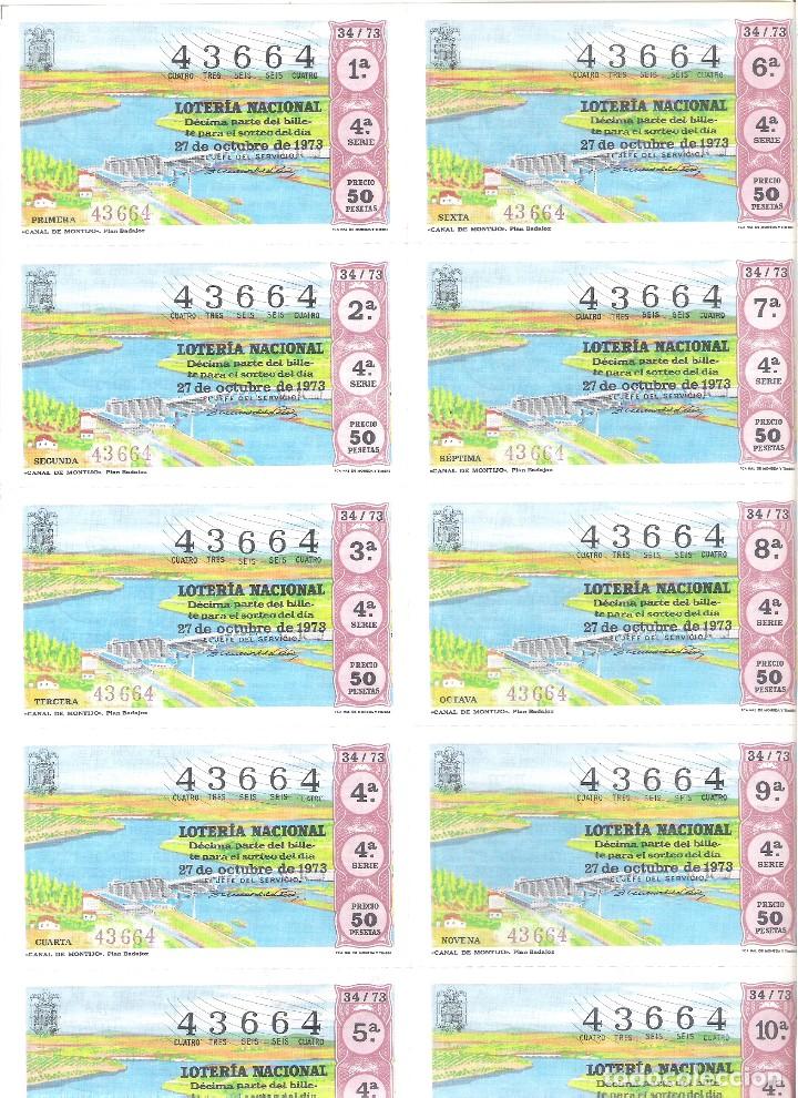 National Spanish Lottery: 1 BILLETE LOTERIA DEL SABADO - 27 OCTUBRE 1973 - 34/73 - CANAL DE MONTIJO ( PLAN BADAJOZ )