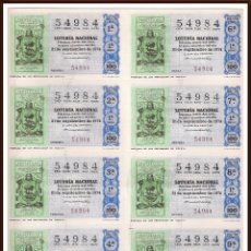 Lotería Nacional: AÑO 1974 SORTEO 33 PLIEGO DE 10 DECIMOS LOTERIA NACIONAL DEL SABADO