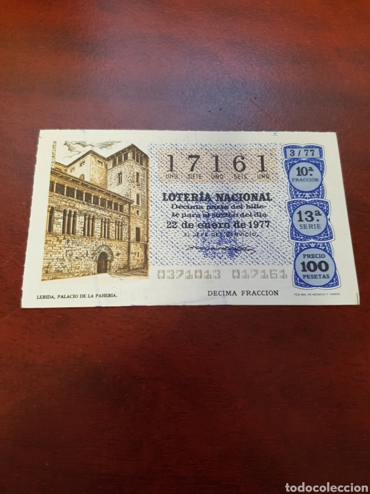 Loterie Nationale: LOTERIA NACIONAL 22 ENERO 1977 L&Eacute;RIDA PALACIO DE LA PAHERIA