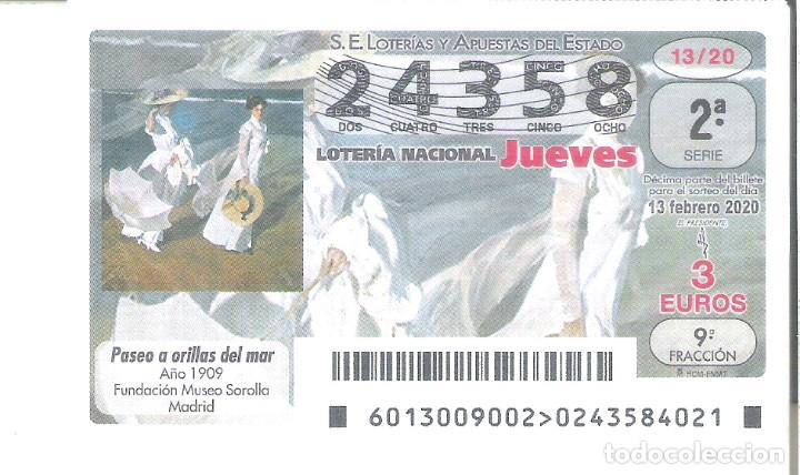 Lotaria Nacional: 1 DECIMO LOTERIA JUEVES - 13 FEBRERO 2020 - 13/20 - PINTURAS SOROLLA - PASEO A ORILLAS DEL MAR