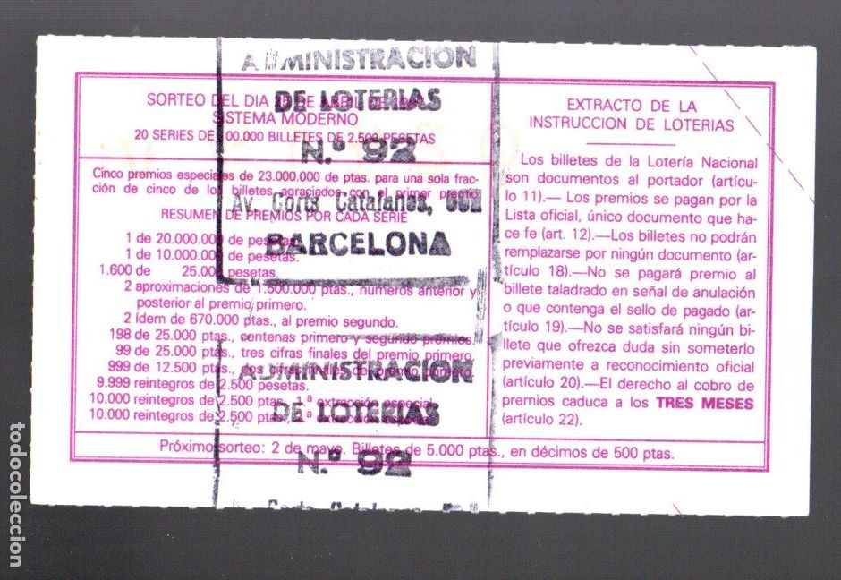 Loter&iacute;a nacional: LOTER&Iacute;A NACIONAL - ADMINISTRACI&Oacute;N N&ordm; 92 DE BARCELONA - SORTEO 17/87 -