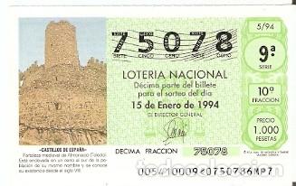 Nationale spanische Lotterie: D&eacute;cimo Loter&iacute;a Nacional, sorteo 5 de 1994. Castillos de Espa&ntilde;a. Almonacid. Toledo. 9-9405