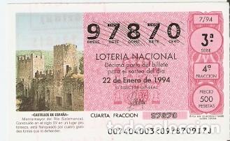 Loter&iacute;a Nacional: D&eacute;cimo Loter&iacute;a Nacional sorteo 7 de 1994. Castillos de Espa&ntilde;a. Montemayor del Rio. Salamanca. 9-9407