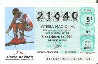 Loter&iacute;a Nacional: D&eacute;cimo Loter&iacute;a Nacional, sorteo n&ordm; 11 de 1994. Sierra Nevada. Camp. del Mundo de Esqui. 9-9411