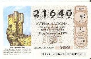 Loter&iacute;a Nacional: D&eacute;cimo Loter&iacute;a Nacional, sorteo n&ordm; 15 de 1994. Castillos de Espa&ntilde;a. Fr&iacute;as. Burgos. 9-9415