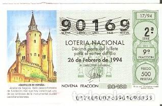 Loter&iacute;a Nacional: D&eacute;cimo Loter&iacute;a Nacional, sorteo n&ordm; 17 de 1994. Castillos de Espa&ntilde;a. Alcazar de Segovia. 9-9417