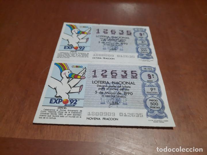 National Spanish Lottery: 2 D&Eacute;CIMOS DE LOTERIA NACIONAL. CURRO. 5 DE MAYO DE 1990. UNIDOS. BUEN ESTADO.