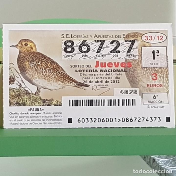 Nationale spanische Lotterie: LOTERIA NACIONAL, SORTEO 33/12, 26 ABRIL 2012, FAUNA, CHORLITO DORADO EUROPEO, N&ordm; 86727