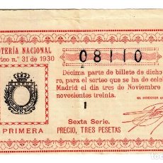 Lotería Nacional: LOTERÍA NACIONAL - DÉCIMO SORTEO Nº 31 DE 1930 - 180X107 MM. - ADM. 18 SEVILLA. Lote 254096270