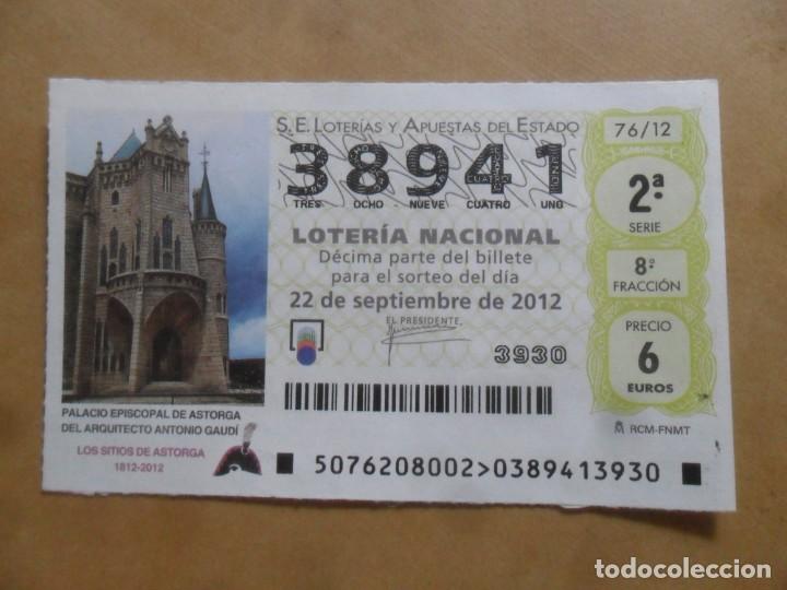 Loter&iacute;a Nacional: DECIMO - N&ordm; 38941 - 22 SEPTIEMBRE 2012 - 76/12 - PALACIO EPISCOPAL DE ASTORGA. GAUDI