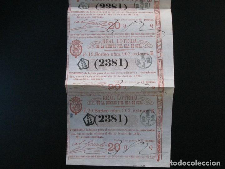 Nationale spanische Lotterie: CUBA , 5 BILLETES DE LOTERIA DE 5 PESOS O 25 PESETAS DE 1873