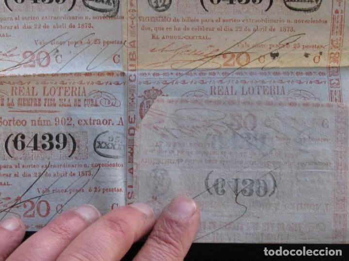 Nationale spanische Lotterie: CUBA , 5 BILLETES DE LOTERIA DE 5 PESOS O 25 PESETAS DE 1873