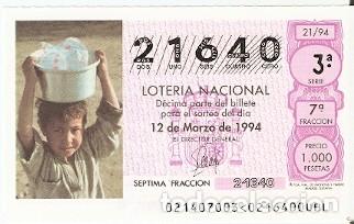 Loter&iacute;a Nacional: D&eacute;cimo Loter&iacute;a. sorteo 21 de 1994. Cruz Roja. 9-9421