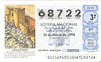 Loter&iacute;a Nacional: D&eacute;cimo Loter&iacute;a, sorteo n&ordm; 25 de 1994. Castillos de Espa&ntilde;a. Alburquerque. Badajoz. 9-9425