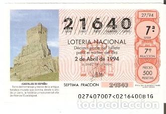 Loter&iacute;a Nacional: D&eacute;cimo Loter&iacute;a, sorteo n&ordm; 27 de 1994. Castillos de Espa&ntilde;a. Atienza. Guadalajara. 9-9427