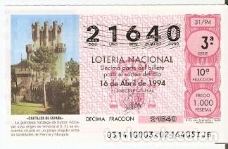 Loter&iacute;a Nacional: D&eacute;cimo Loter&iacute;a. sorteo n&ordm; 31 de 1994. Castillos de Espa&ntilde;a. Butr&oacute;n. Vizcaya. 9-9431