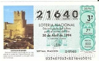 Loter&iacute;a Nacional: D&eacute;cimo Loter&iacute;a. Sorteo n&ordm; 35 de 1994. Castillos de Espa&ntilde;a. Villena. Alicante. 9-9435